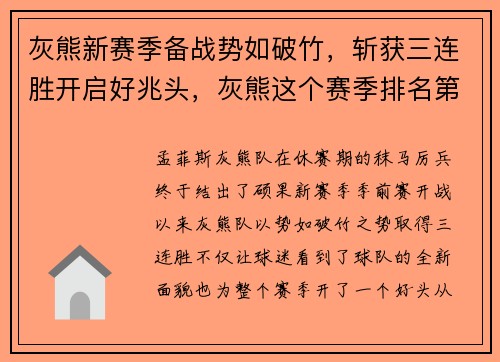 灰熊新赛季备战势如破竹，斩获三连胜开启好兆头，灰熊这个赛季排名第几