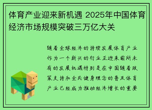 体育产业迎来新机遇 2025年中国体育经济市场规模突破三万亿大关 体育产业迎来新机遇 2025年中国体育经济市场规模突破三万亿大关