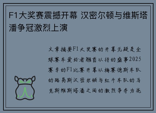 F1大奖赛震撼开幕 汉密尔顿与维斯塔潘争冠激烈上演